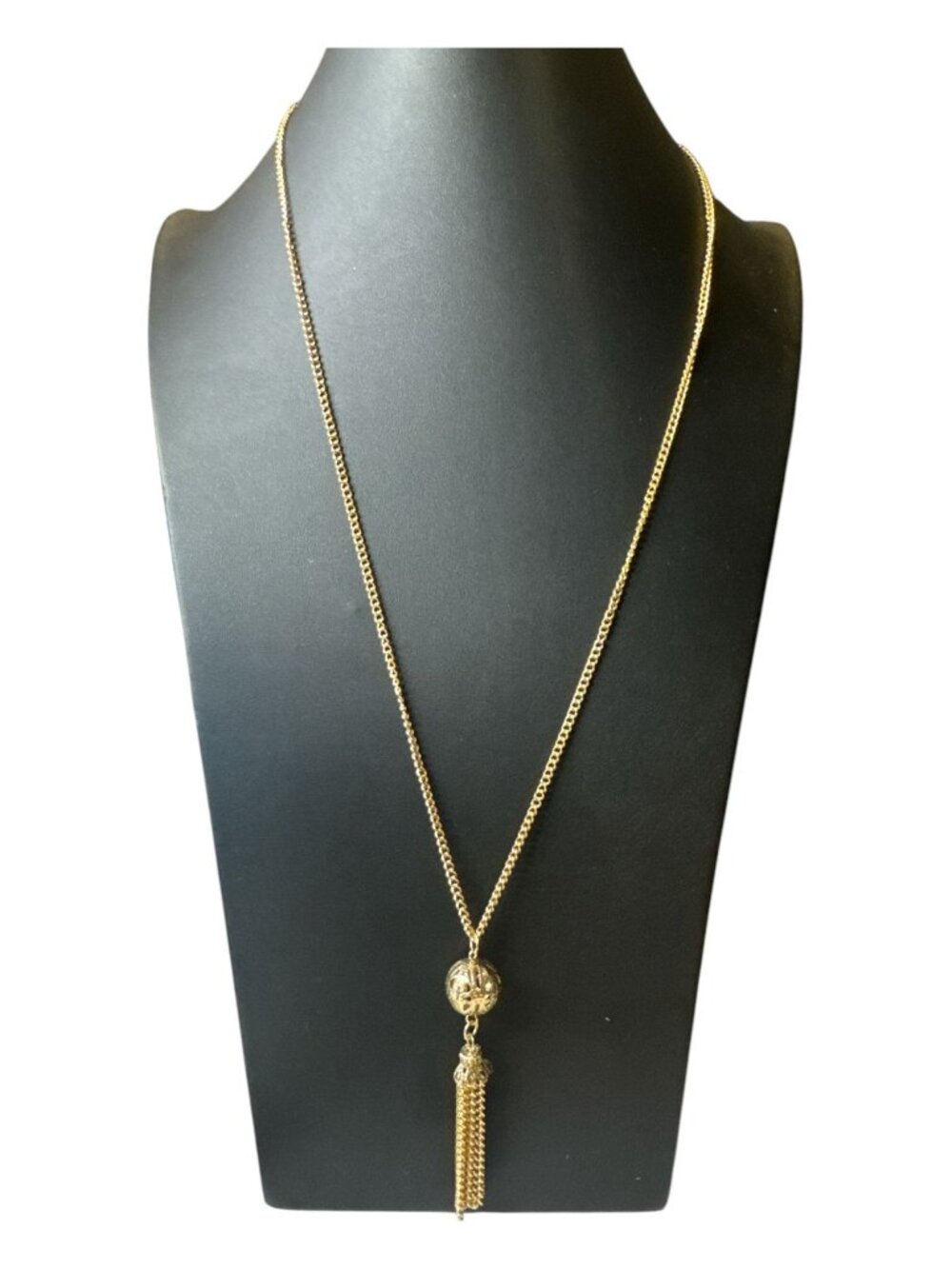 Vintage Gold Tone Tassel Pendant Necklace – 24 Inch Chain – Filigree Bead Drop